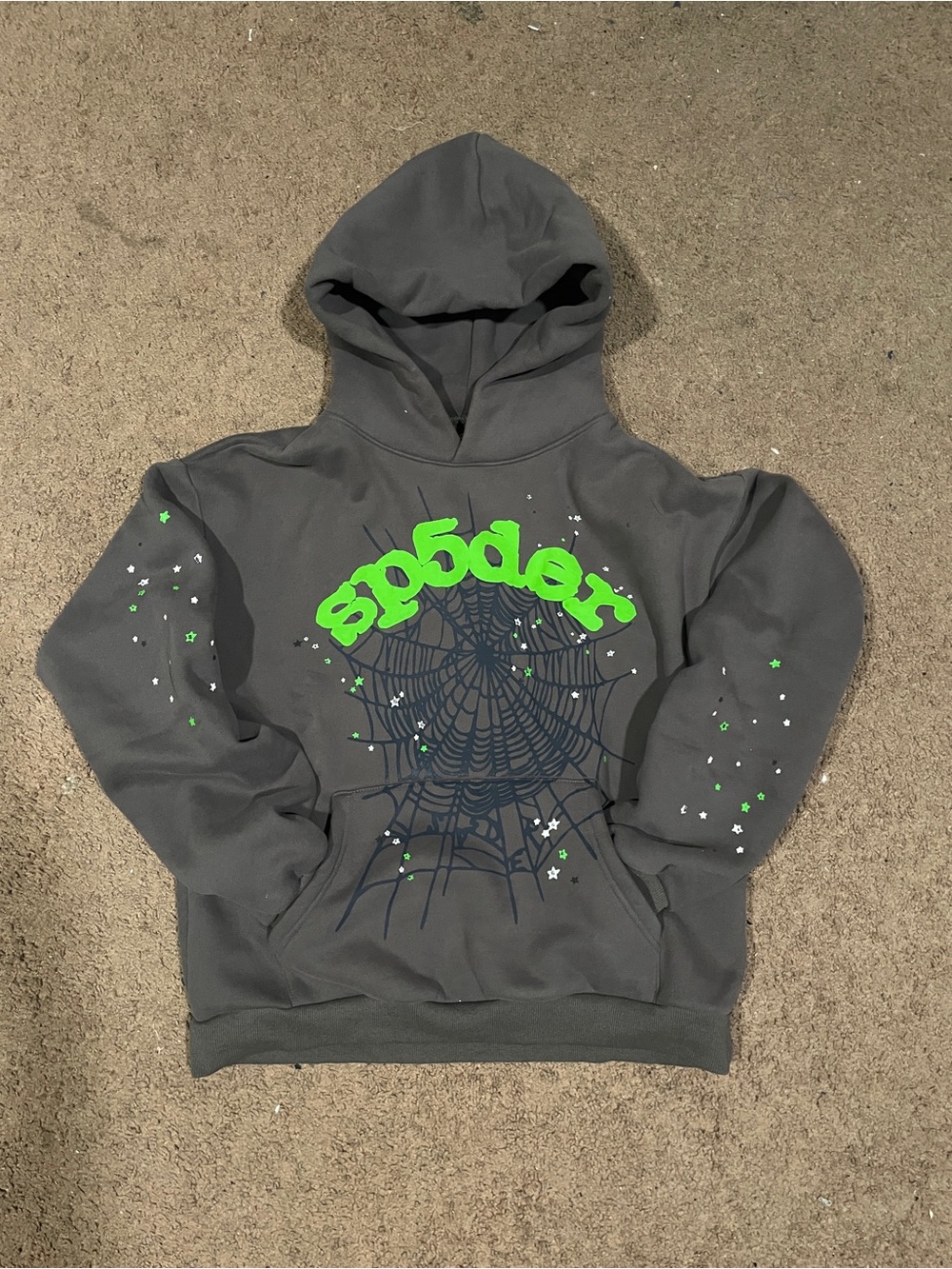 Men's Gray Crewneck Hoodie with Neon Green Spider Graphic
